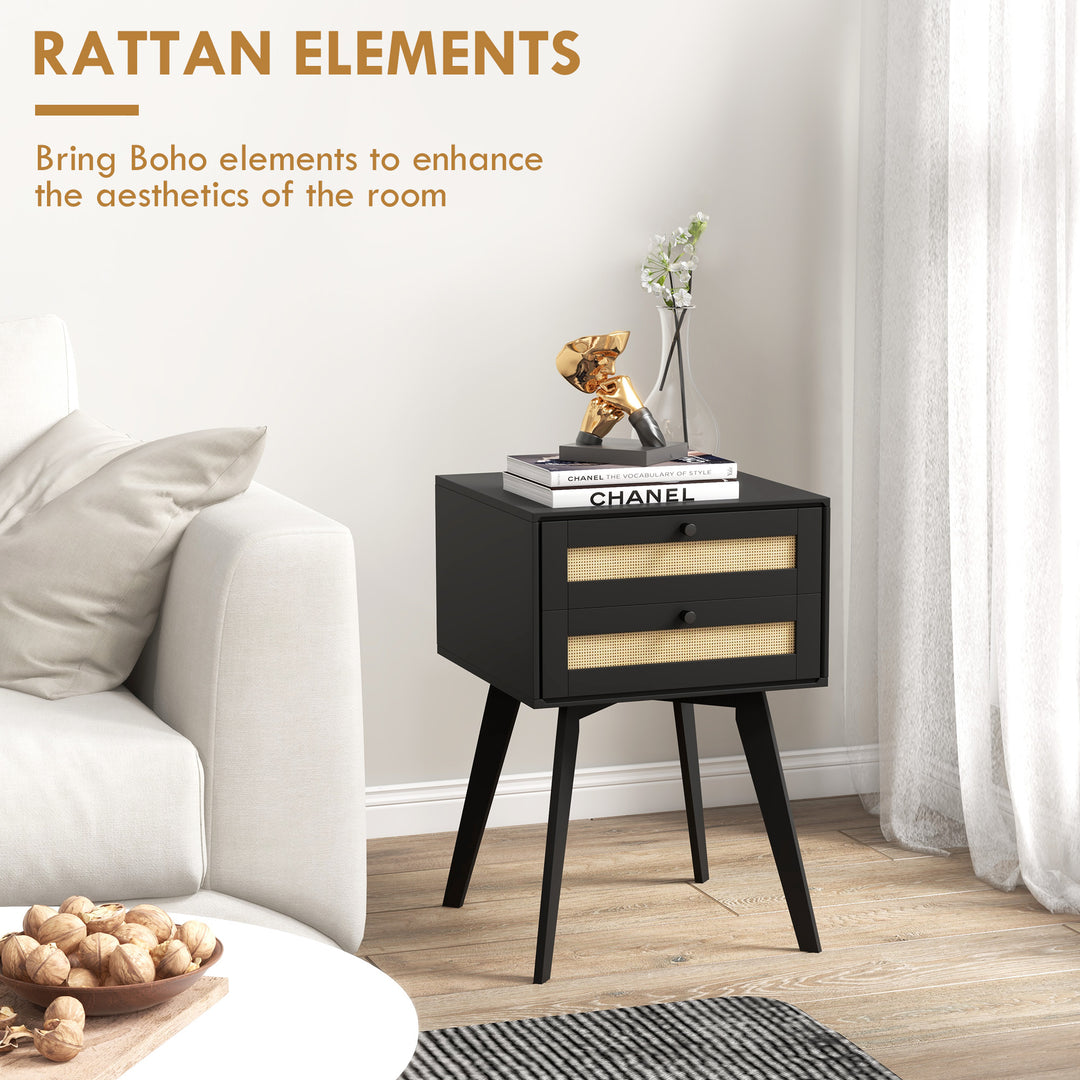 HOMCOM Boho Night Stands Set of 2, Bedside Tables with 2 Rattan Drawers, Square End Tables for Bedroom, Living Room