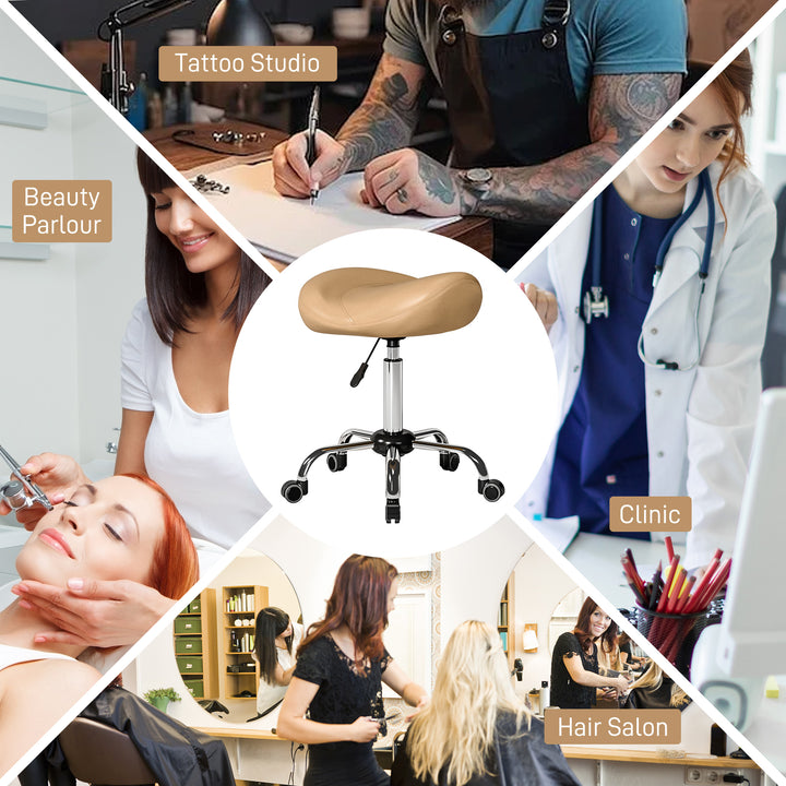 HOMCOM Saddle Stool, Height Adjustable Rolling Salon Chair with PU Leather for Massage, Spa, Clinic, Beauty and Tattoo, White