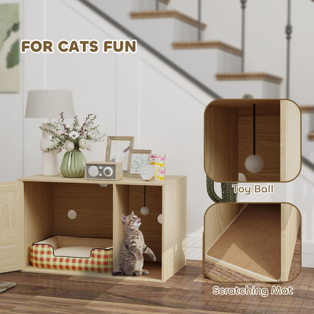 PawHut Cat Litter Box Enclosure, Cat Washroom End Side Table with Rattan Door, Scratching Pad, Non-slip Foot Pads, White