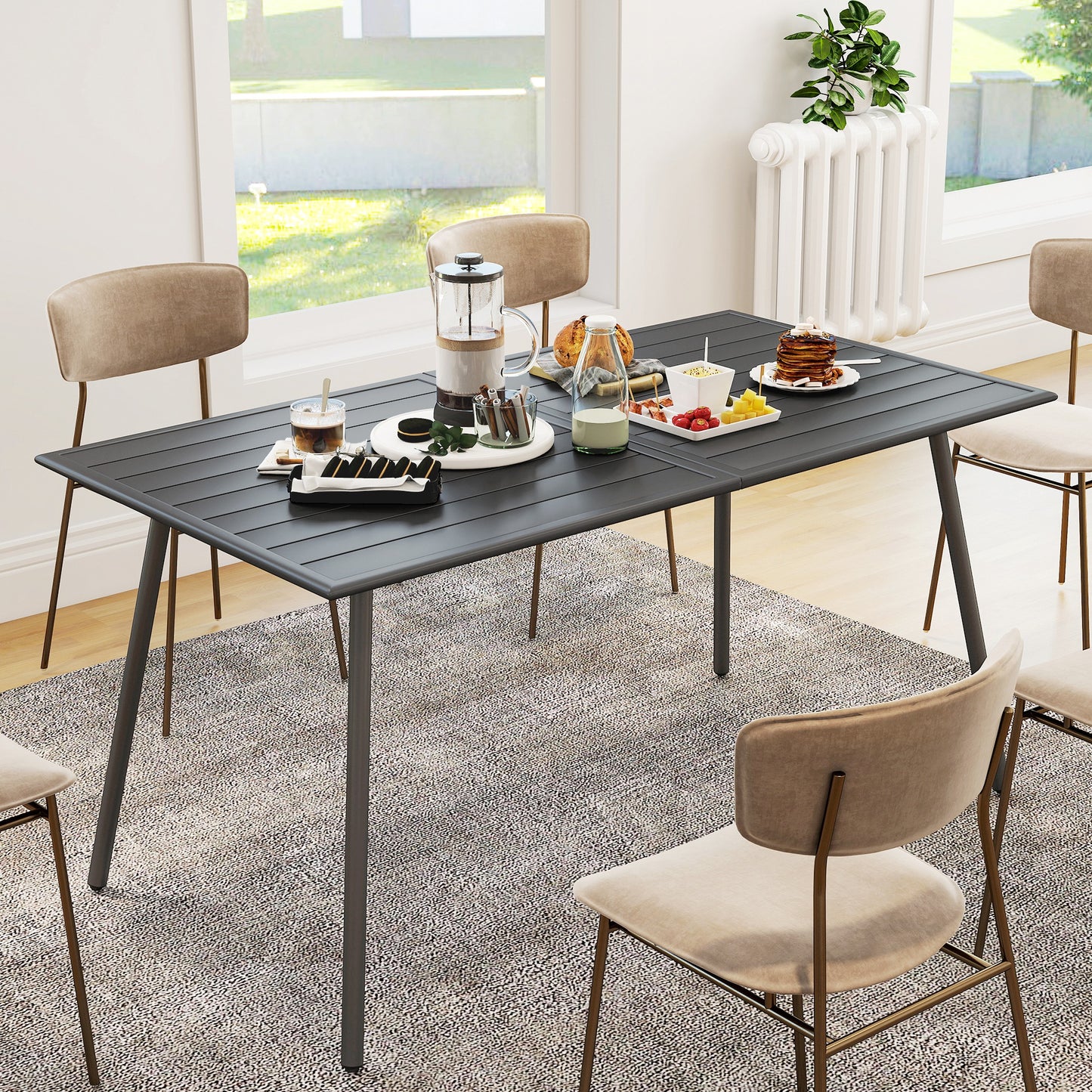 Outsunny Rectangle Patio Dining Table for 6 Person, Metal Steel Slat Outdoor Table, for Lawn, Garden, 59" x 31.5" x 29", Grey