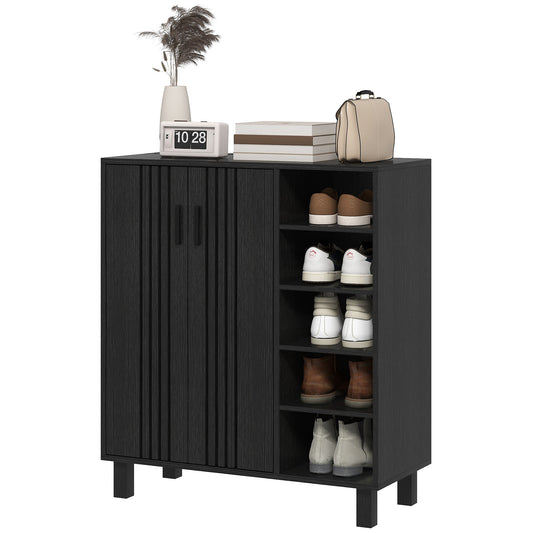 HOMCOM Shoe Storage with Double Doors and Open Shelves 17 Pair Shoe Storage Organizer for Entryway Hallway Black