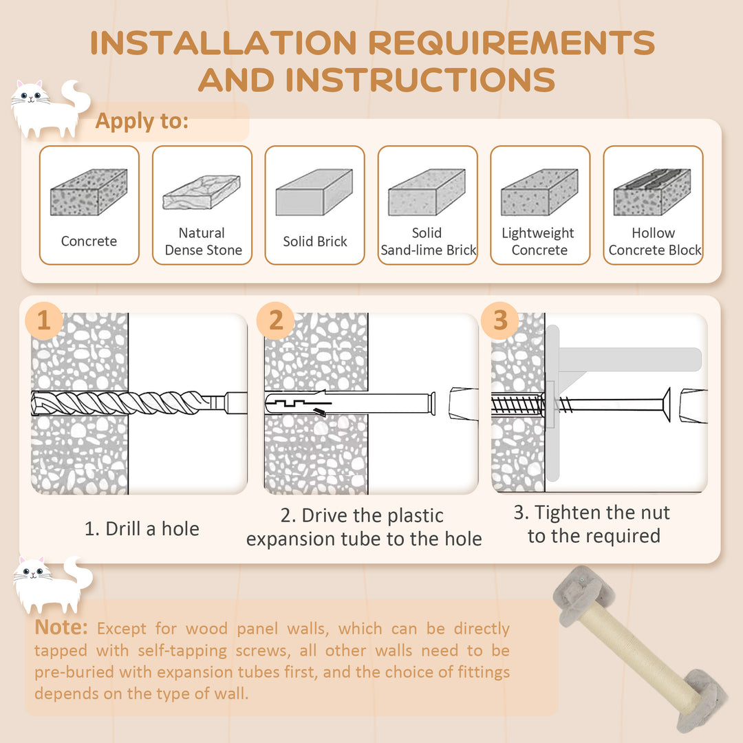 PawHut Wall Mounted Cat Shelves with Scratching Post, Ladder, Condo, Jumping Platforms, Light Grey