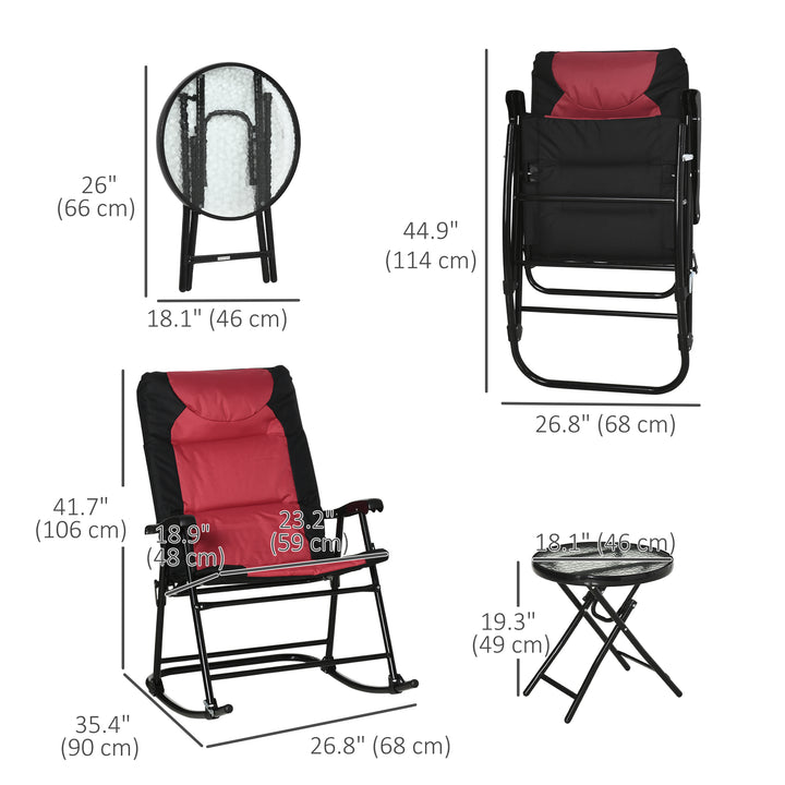 Outsunny 3pc Patio Foldable Rocking Chair Set, Outdoor Rocking Chairs and Table Bistro Set w/ Padded Seat, Headrest, Backrest for park, backyard, garden, Red