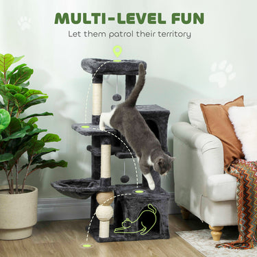 PawHut Cat Tower, 42" Multi-Level Cat Tree with Padded Plush Perch, Hammock, 2 Door Condos, Scratching Posts, Toy Balls