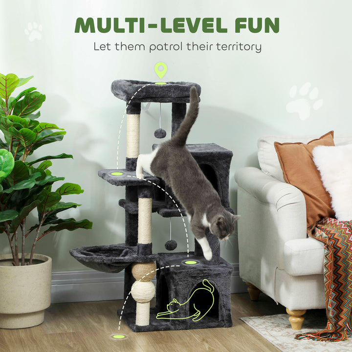 PawHut Cat Tower, 42" Multi-Level Cat Tree with Padded Plush Perch, Hammock, 2 Door Condos, Scratching Posts, Toy Balls