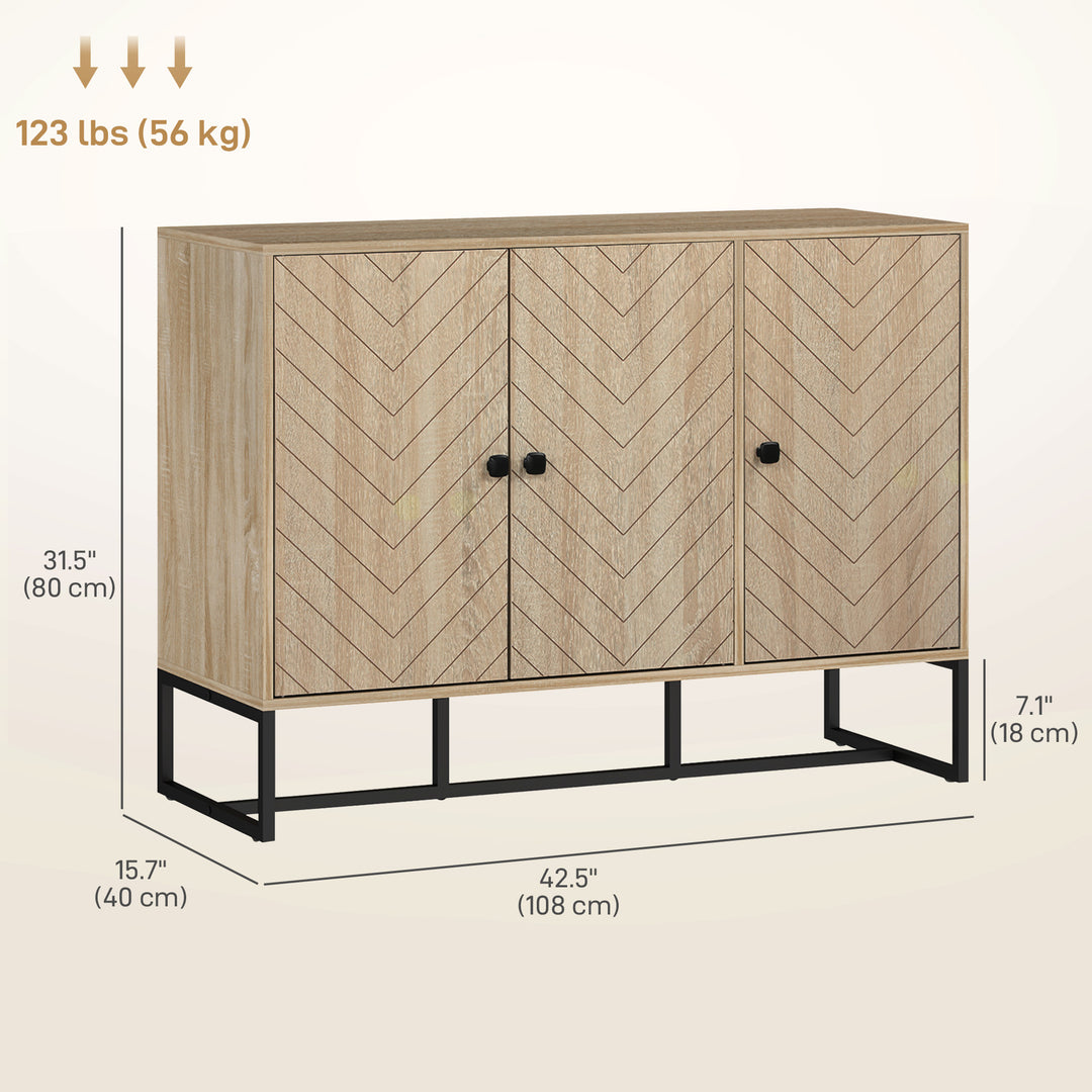 HOMCOM Modern Sideboard, Buffet Cabinet with Adjustable Shelves, 3 Chevron Doors for Living Room, Hallway, Oak Wood Grain