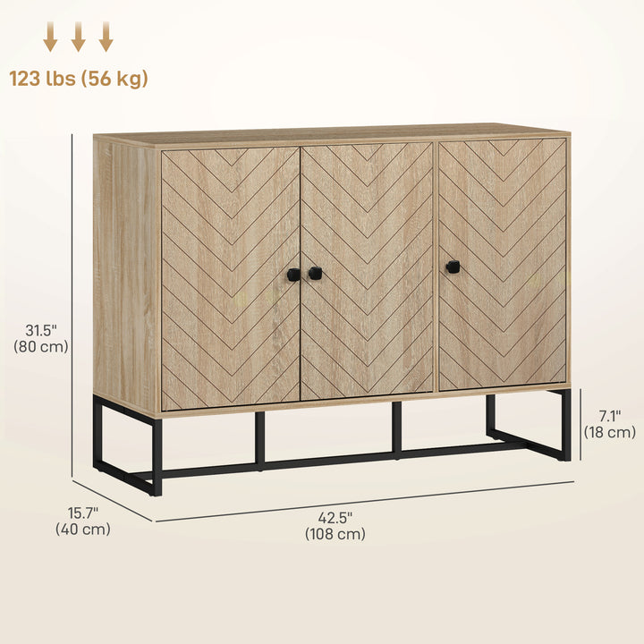 HOMCOM Modern Sideboard, Buffet Cabinet with Adjustable Shelves, 3 Chevron Doors for Living Room, Hallway, Oak Wood Grain