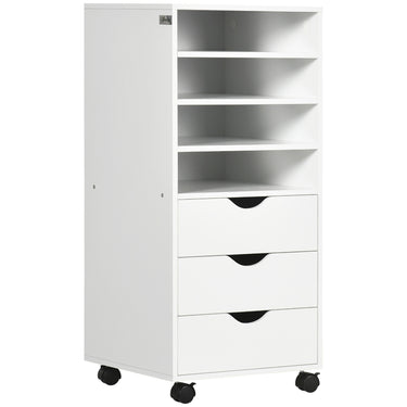 Vinsetto Vertical Filing Cabinet, Mobile File Cabinet on Wheels with 3 Drawers and 4 Open Shelves, Printer Stand with Lockable Casters for Home Office, White