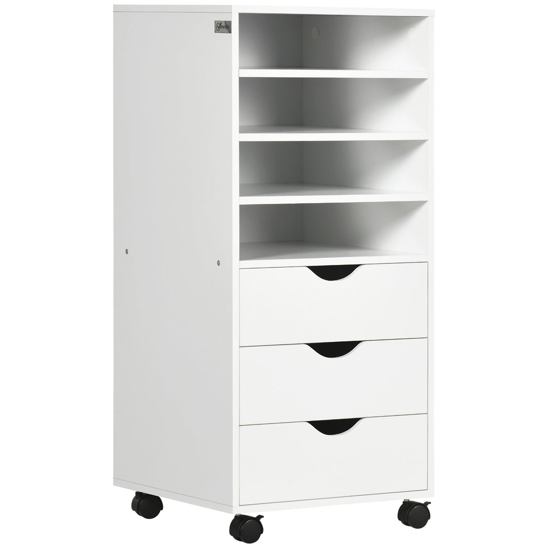 Vinsetto Vertical Filing Cabinet, Mobile File Cabinet on Wheels with 3 Drawers and 4 Open Shelves, Printer Stand with Lockable Casters for Home Office, White