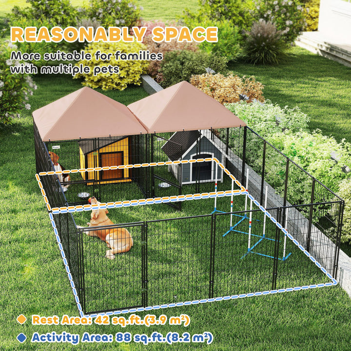 PawHut Large Outdoor Dog Kennel with 2 Rooms, Rotating & Adjustable Height Bowls, 13.5' x 9.4' x 5.1'
