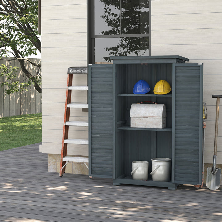 Outsunny Outdoor Garden Shed, Wooden Tool Storage Shed, 3-Tier Shelves, Asphalt Roof, Shutter Doors, 34.3" x 18.3" x 63", Grey