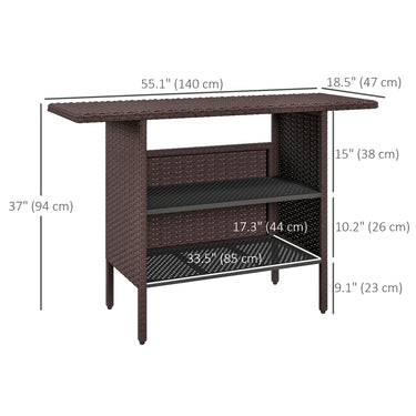 Outsunny Bar Height Outdoor Rattan Table, Patio Wicker Bar Table with 2 Storage Shelves, 55.1" x 18.5" x 37", Brown