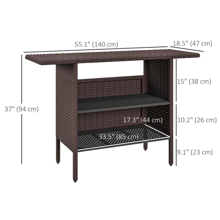 Outsunny Bar Height Outdoor Rattan Table, Patio Wicker Bar Table with 2 Storage Shelves, 55.1" x 18.5" x 37", Brown