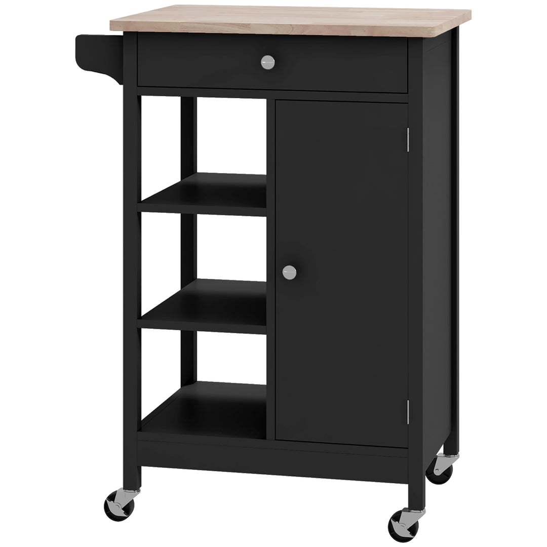 HOMCOM Modern Rolling Kitchen Island Cart with Drawer, Natural Wood Top, Towel Rack, Door Storage Cabinet, Black