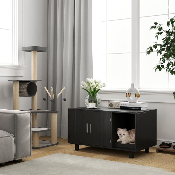 PawHut Cat Litter Box Enclosure, Hidden Litter Box Furniture, Cat House End Table Washroom with Scratching Pad, for Indoor Cats Kittens, Brown