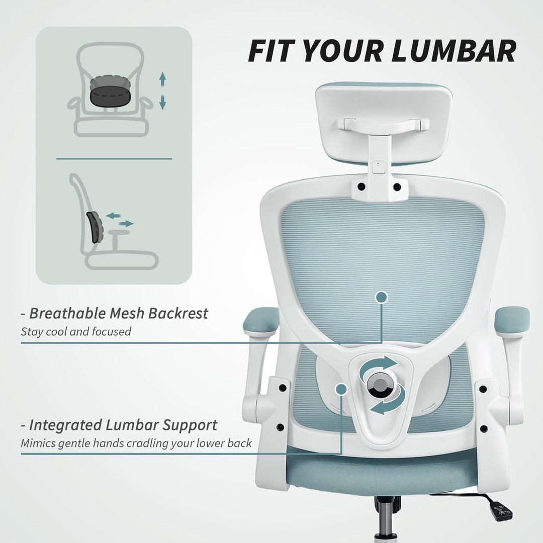 HOMCOM Ergonomic Office Chair, Mesh Desk Chair with Adjustable Headrest, Lumbar Support and Height, Tilt Function, Light Green