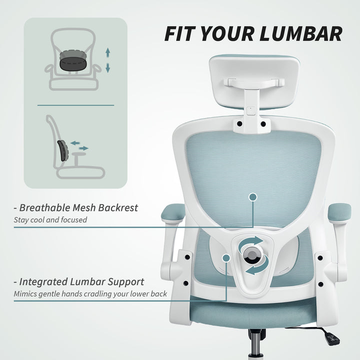 HOMCOM Ergonomic Office Chair, Mesh Desk Chair with Adjustable Headrest, Lumbar Support and Height, Tilt Function, Light Green