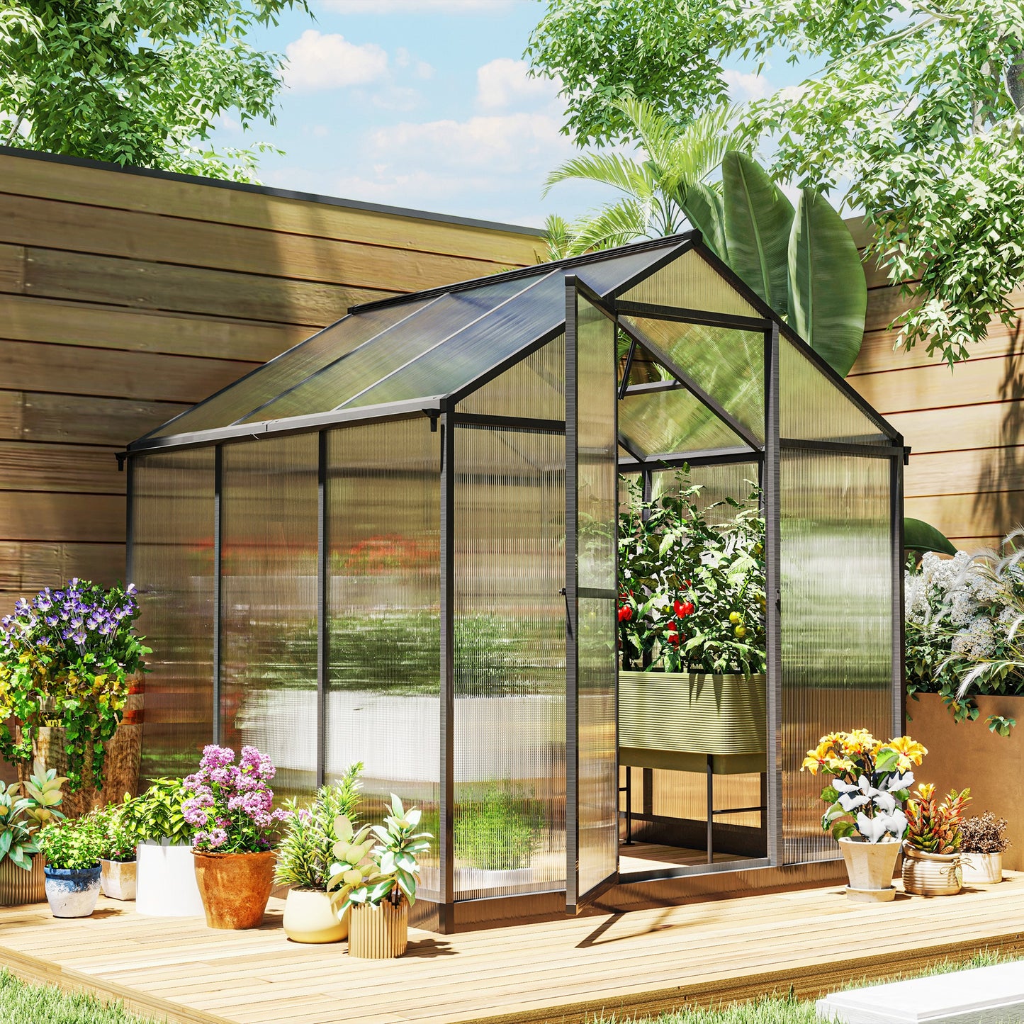 Outsunny 6' x 10' x 6.4' Walk-in Garden Greenhouse Polycarbonate Panels Plants Flower Growth Shed Cold Frame Outdoor Portable Warm House Aluminum Frame, Silver