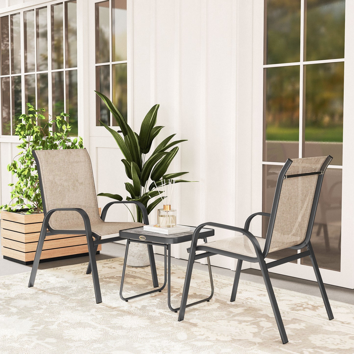 Outsunny Outdoor Bistro Set of 3, 3-Piece Patio Set with Breathable Mesh Fabric, Stackable Chairs and Square Table, Brown