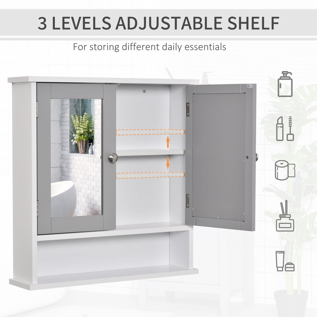 kleankin Medicine Cabinet, Wall-Mounted Bathroom Mirror Cabinet with Double Doors, Open Shelf, and Adjustable Shelf, Modern Bathroom Wall Cabinet, White and Grey