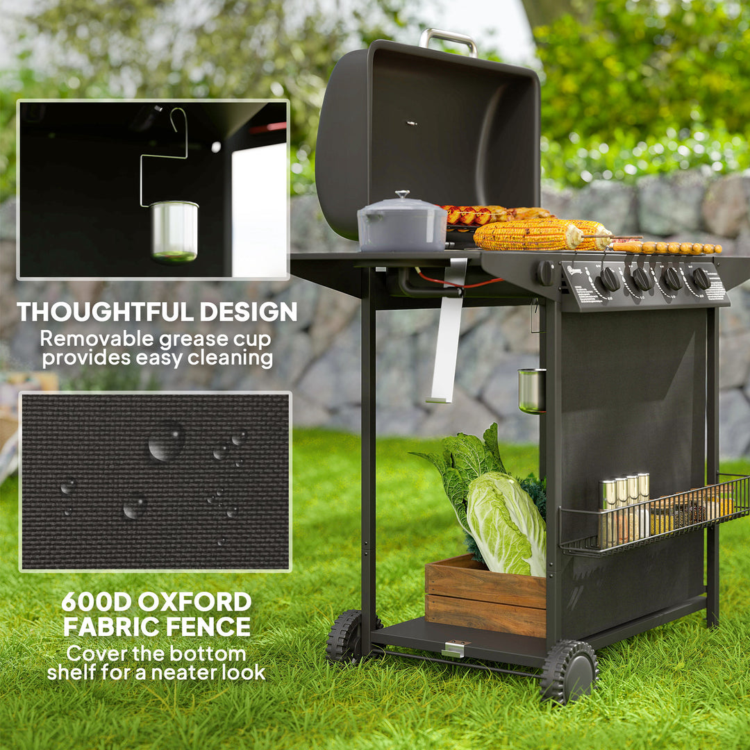 Outsunny 4+1 Burner Propane Gas BBQ Grill, Portable Gas Barbecue Grill with Side Burner, Thermometer, Lid, Side Table, Shelf, Spice Rack, Wheels, Grease Cup for Garden, Black
