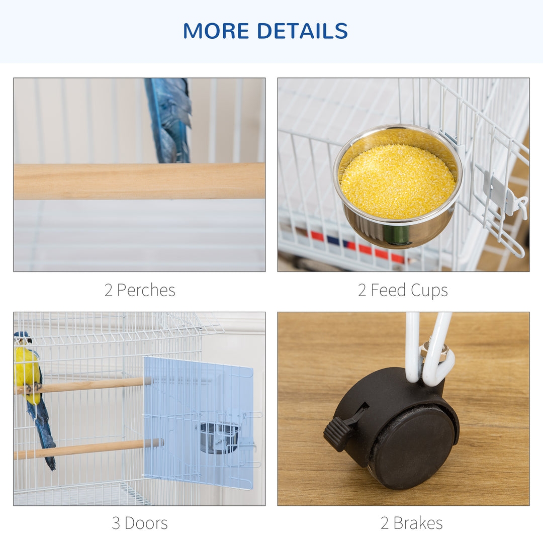 PawHut 53.9'' Large Rolling Steel Bird Cage Bird House with Detachable Rolling Stand, Storage Shelf, Wood Perch, Food Container, Black