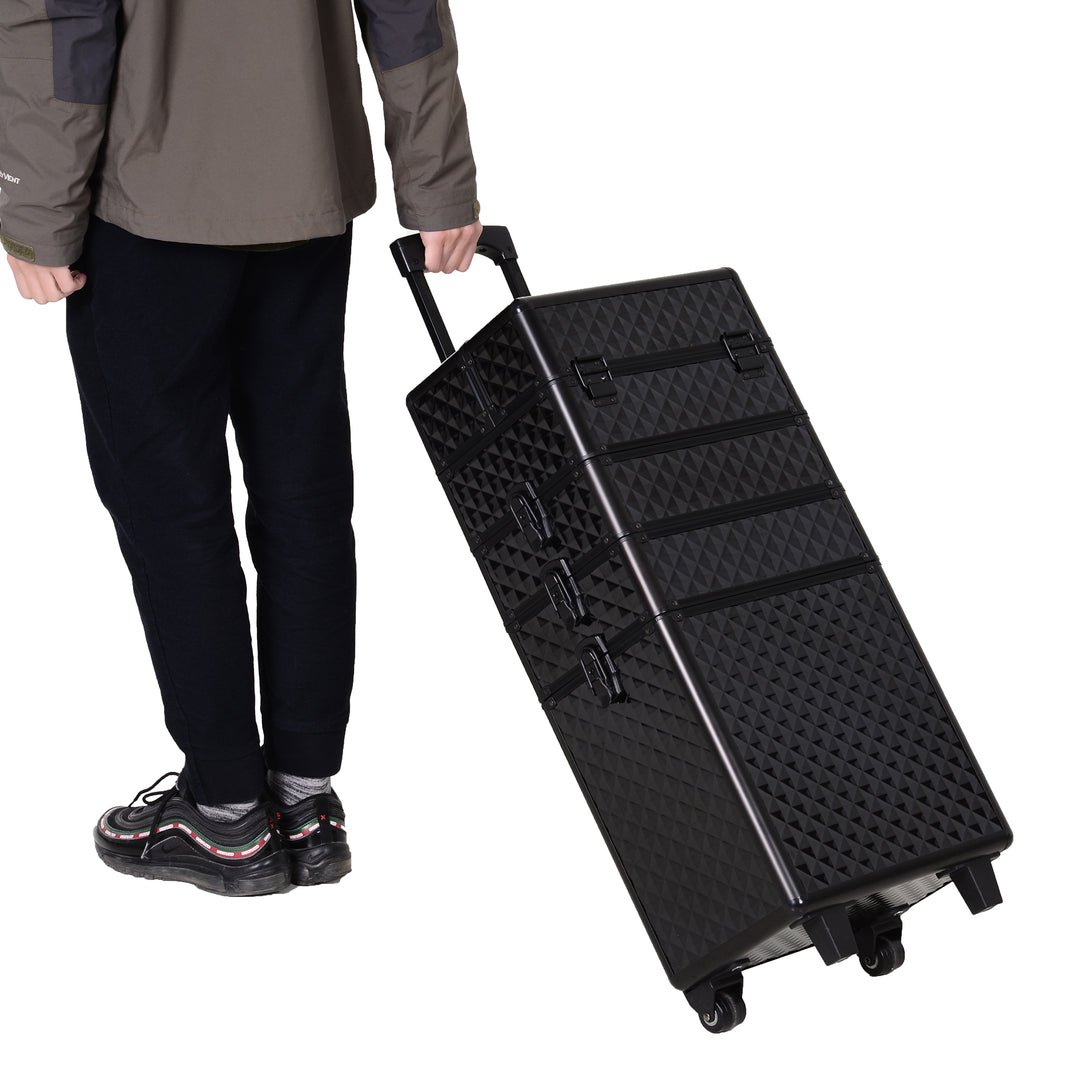 HOMCOM 4 in 1 Portable Aluminum Makeup Case Train Cases, Rolling Makeup Case with 2 Wheels, Multiple Compartments and Lift Handle