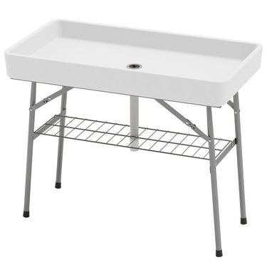 Outsunny 3.4ft Folding Ice Cooler Table with Drain, Outdoor Patio Party Cooler for Drinks, Fishing Cleaning Table with Storage Shelf for Picnic BBQ Camping Wedding, White