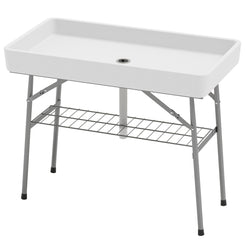 Outsunny 3.4ft Folding Ice Cooler Table with Drain, Outdoor Patio Party Cooler for Drinks, Fishing Cleaning Table with Storage Shelf for Picnic BBQ Camping Wedding, White