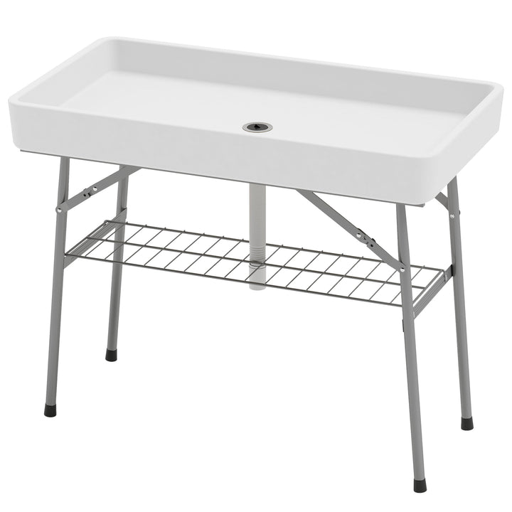 Outsunny 3.4ft Folding Ice Cooler Table with Drain, Outdoor Patio Party Cooler for Drinks, Fishing Cleaning Table with Storage Shelf for Picnic BBQ Camping Wedding, White