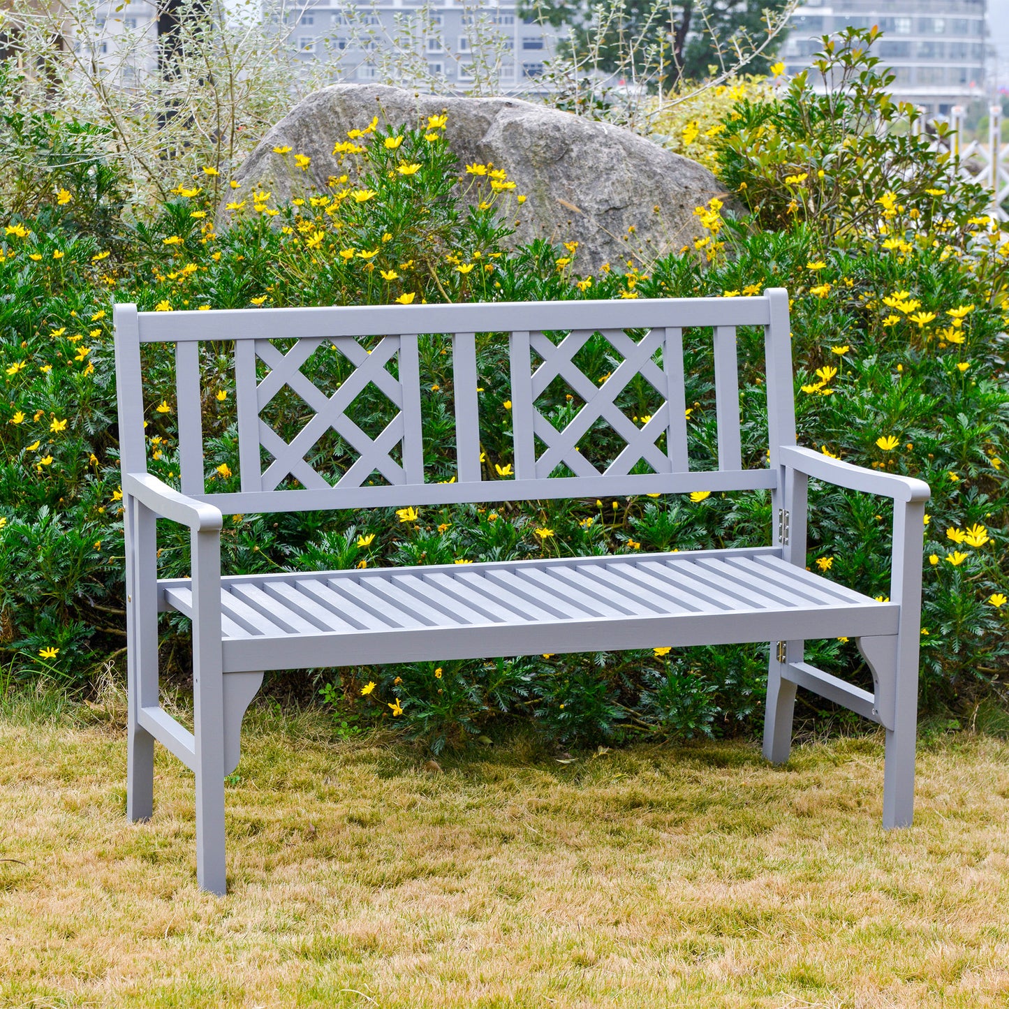 Outsunny Foldable Garden Bench, 2-Seater Patio Wooden Bench, Loveseat Chair with Backrest and Armrest for Patio, Porch or Balcony, Grey