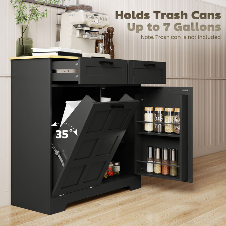 HOMCOM 7 Gallon Tilt Out Garbage Cabinet, Kitchen Island with Trash Cabinet, 2 Drawers, Door Racks, Adjustable Shelves, Black