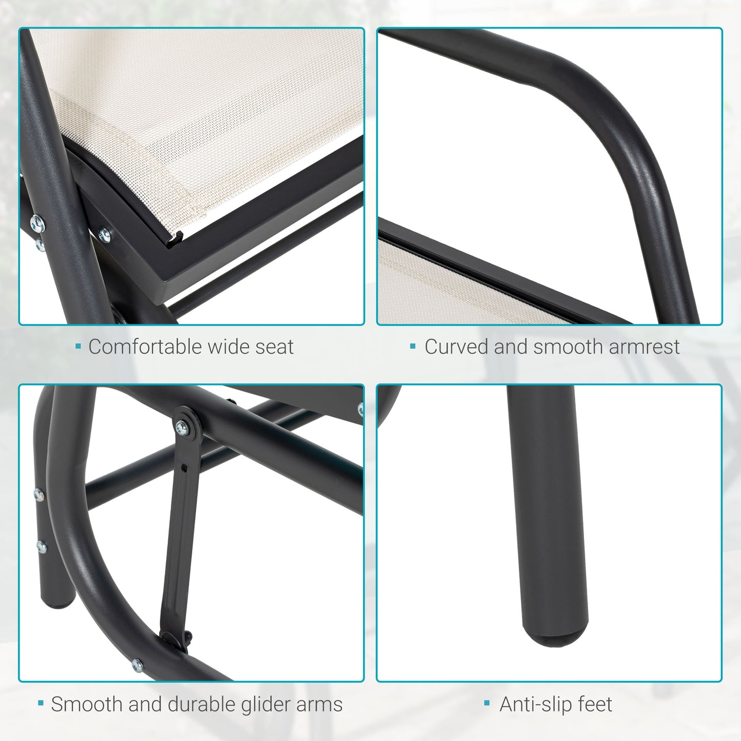 Outsunny Patio Glider with Breathable Mesh Fabric Seat & Backrest, Metal Frame Outdoor Glider Swing Chair with Armrests, Cream