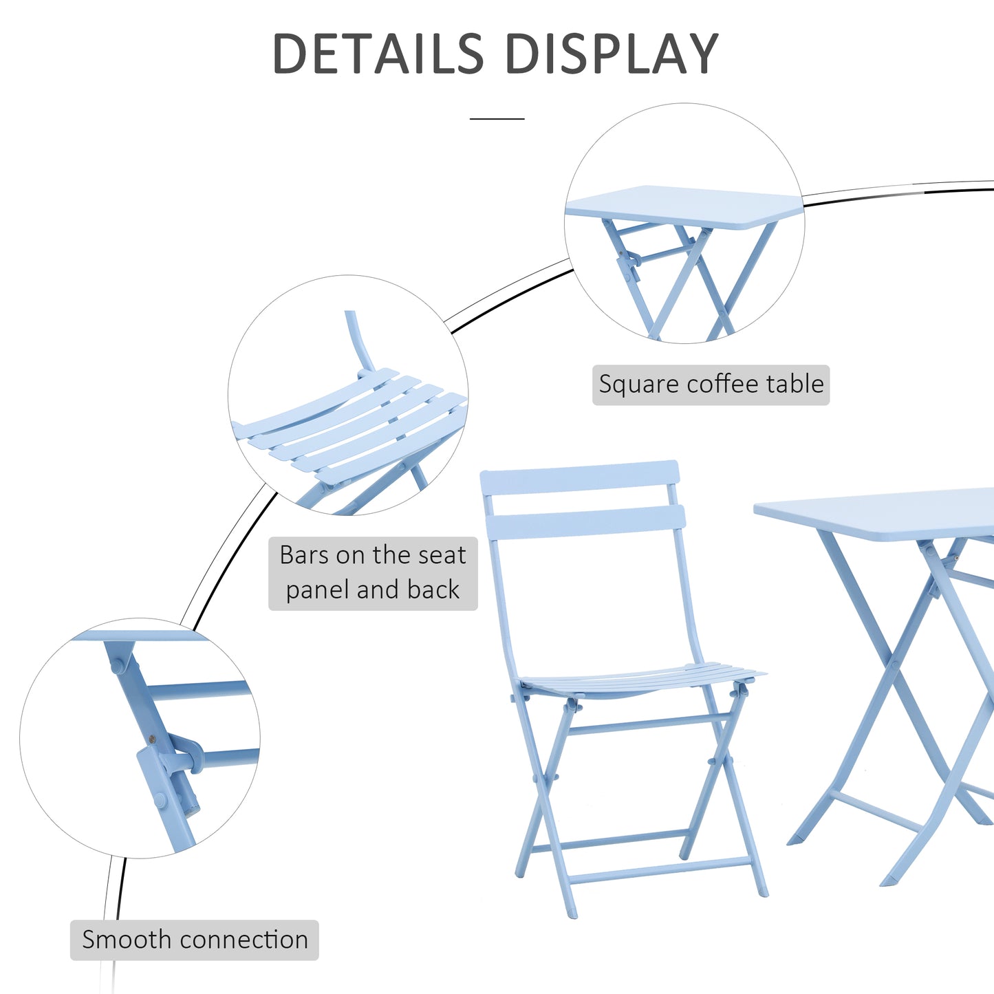 Outsunny 3 Pieces Garden Bistro Coffee Set Foldable Patio Chair & Square Table for Outdoor Yard Porch Poolside Balcony Blue
