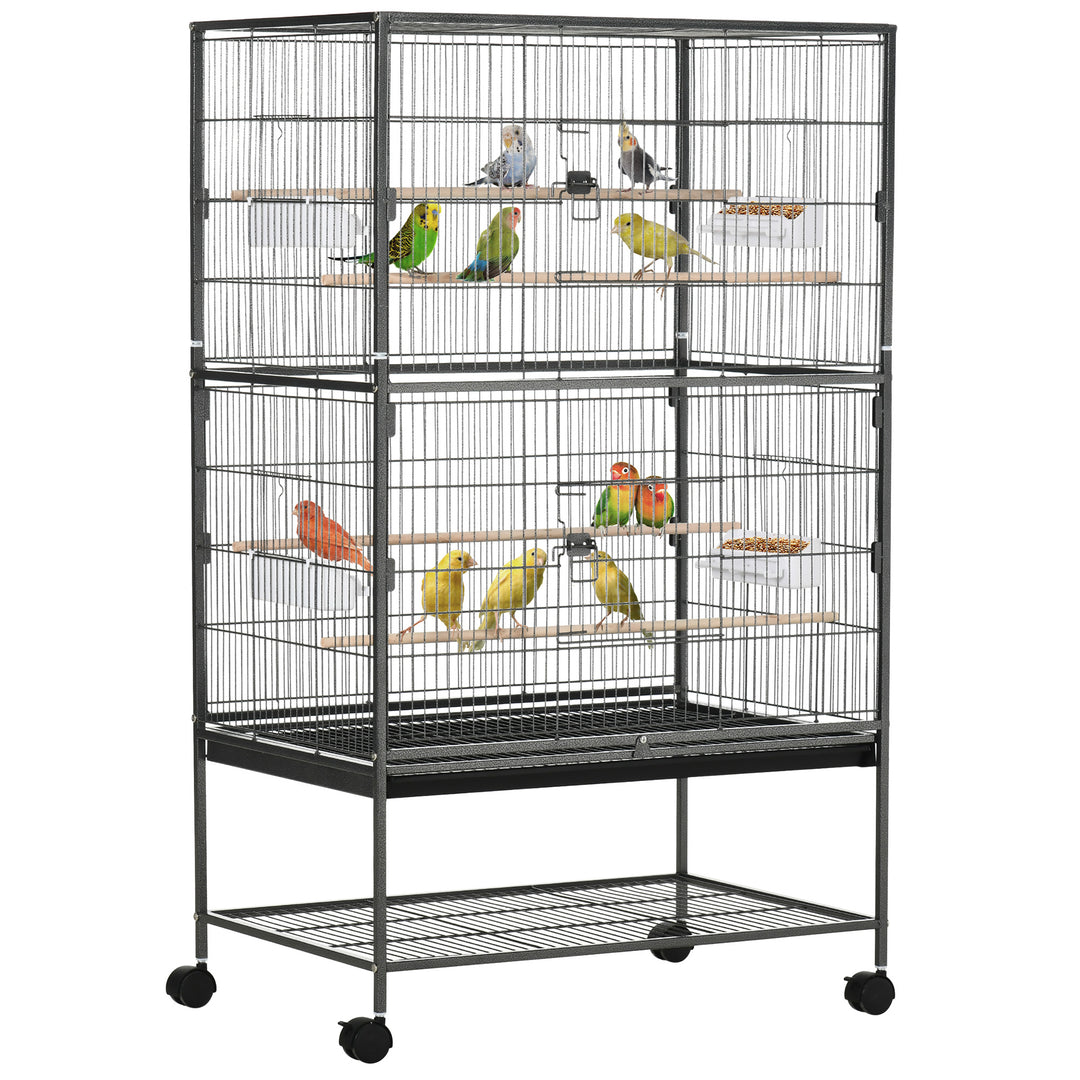 PawHut 52'' Large Rolling Steel Bird Cage Bird House with Rolling Stand, Storage Shelf, Wood Perch, Food Container, Dark Grey