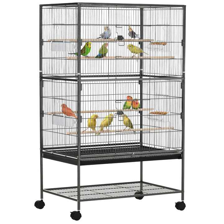 PawHut 52'' Large Rolling Steel Bird Cage Bird House with Rolling Stand, Storage Shelf, Wood Perch, Food Container, Dark Grey