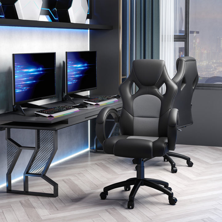 HOMCOM Racing Gaming Chair Office Chair Computer Desk Gamer Chair with Swivel Wheels, Padded Headrest, Tilt Function, Grey