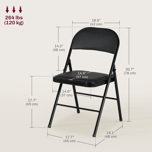 HOMCOM Set of 2 Metal Foldable Chairs, PU Leather Padded Folding Chairs with Cushion Seat and Open Back for Indoor, Black