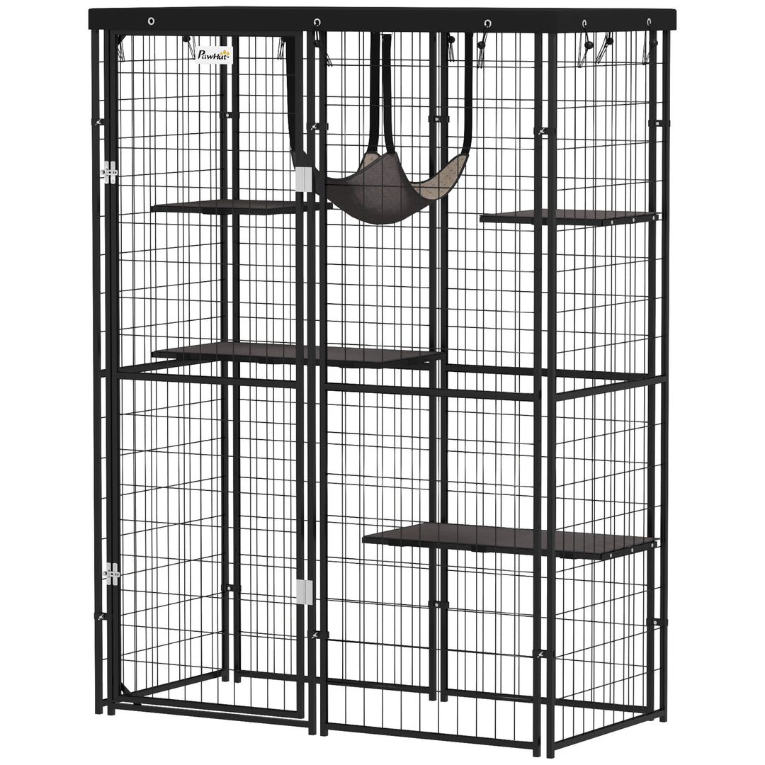 PawHut Metal Cat Cage with Waterproof Cover, 4 Platforms, Hammock, Washable Cushions for 1-3 Kittens, 46.5" x 22" x 62", Black