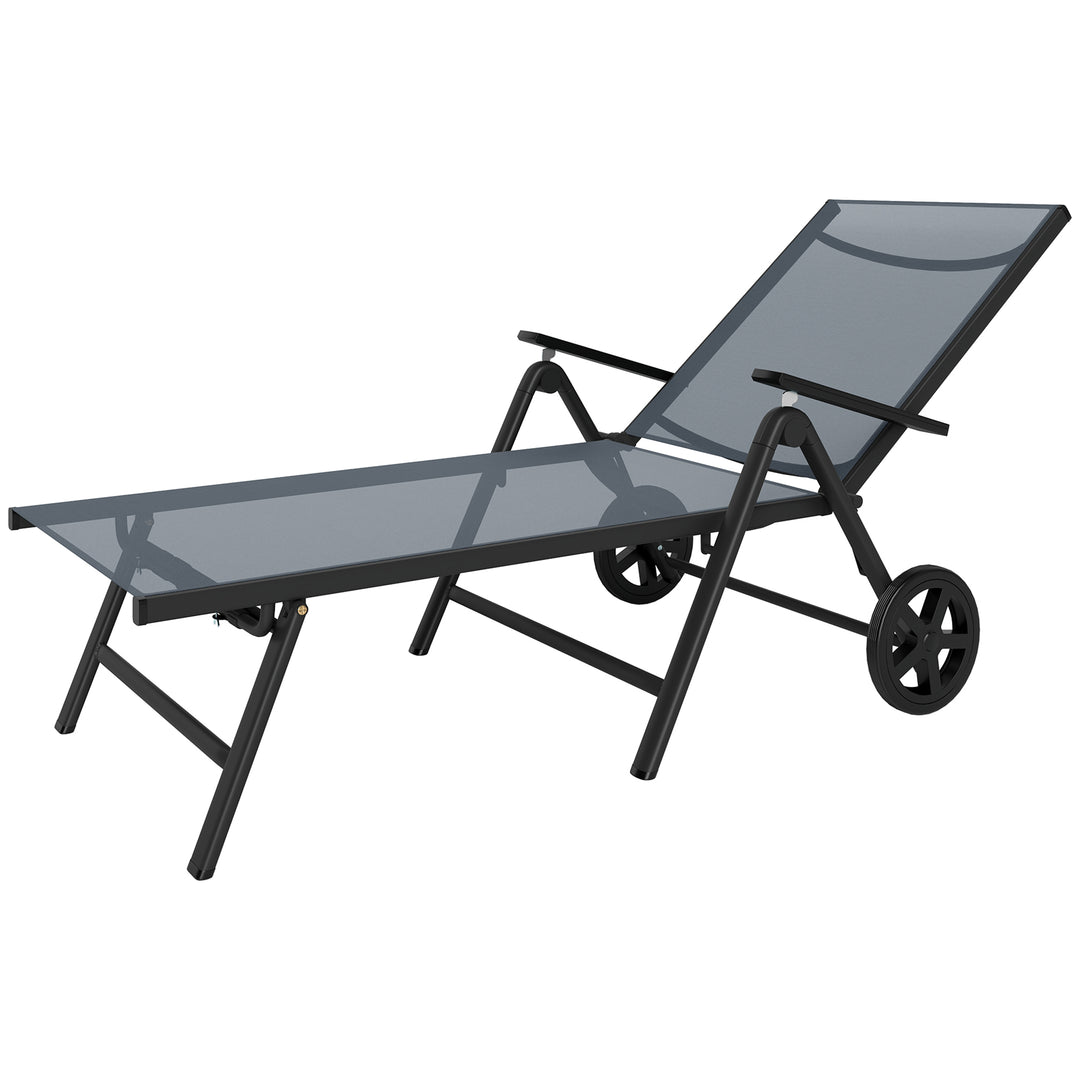 Outsunny Outdoor Lounge Chair, 5-Level Adjustable Folding Chaise Chair with 2 Wheels for Backyard, Beach, Poolside, Grey