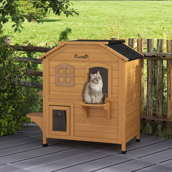 PawHut 2-Storey Outdoor Cat House, Wooden Catio with Openable Roof, Lounge Space, Fun Entrances, for Feral Cats, Yellow