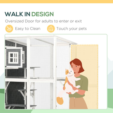 PawHut Wooden Cat Catio, 66.5"L Walk in Outdoor Cat House with PVC Weather Protection Roof, Multiple Platforms, Lockable Doors, Resting Condo, Observation Window, for 2 Cats