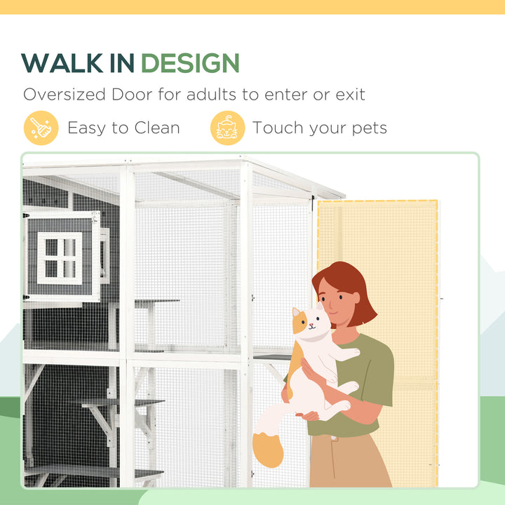 PawHut Wooden Cat Catio, 66.5"L Walk in Outdoor Cat House with PVC Weather Protection Roof, Multiple Platforms, Lockable Doors, Resting Condo, Observation Window, for 2 Cats