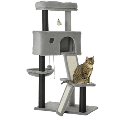 PawHut 47" Cat Tree for Indoor Cats, Kitty Activity Center, Cat Tower with Cat Ear Bed Ramp Condo Hammock Hanging Ball Toys Sisal Rope Scratching Post, Light Grey
