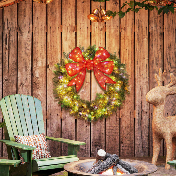 HOMCOM 36in Pre-Lit Christmas Wreath with 3D Red Bow, 11 Lighting Modes, Front Door Christmas Wreath with Remote