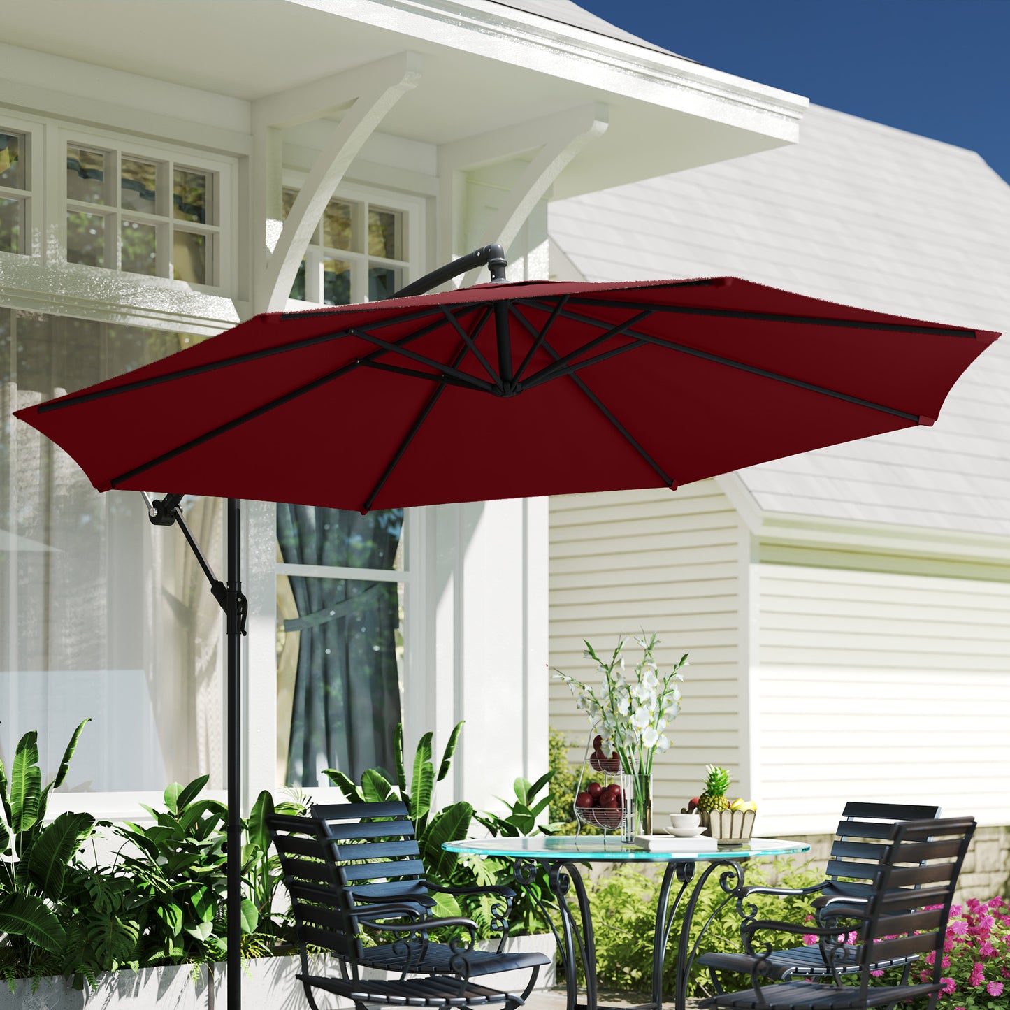 Outsunny 10ft Offset Patio Umbrella with Base, Garden Hanging Parasol with Crank, Banana Cantilever Umbrella Sun Shade, Green