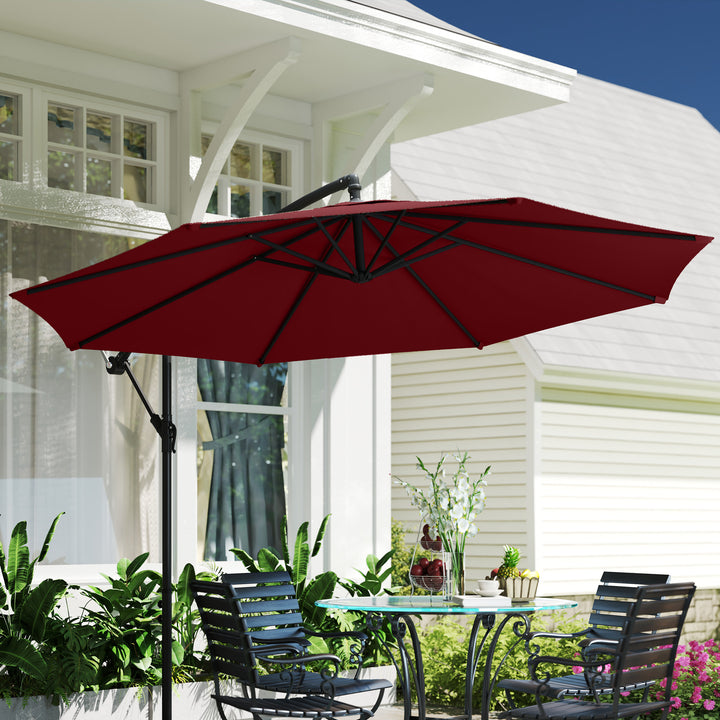 Outsunny 9.7ft Offset Patio Umbrella Garden Hanging Parasol Banana Cantilever Umbrella with Base, Crank, Wine Red