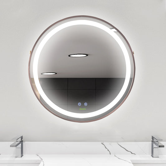 kleankin 24'' Round Led Bathroom Mirror, Dimmable Anti Fog Wall-Mounted Mirror with 3 Temperature Colors, Plug-in, Rose Gold