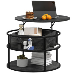 HOMCOM Lift Top Coffee Table, Round Coffee Table with Storage Shelf, Hidden Compartment and Steel Frame, Distressed Dark Grey