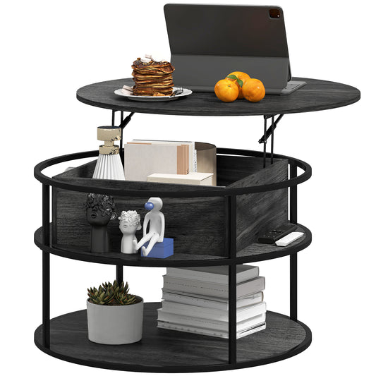 HOMCOM Lift Top Coffee Table, Round Coffee Table with Storage Shelf, Hidden Compartment and Steel Frame, Distressed Dark Grey